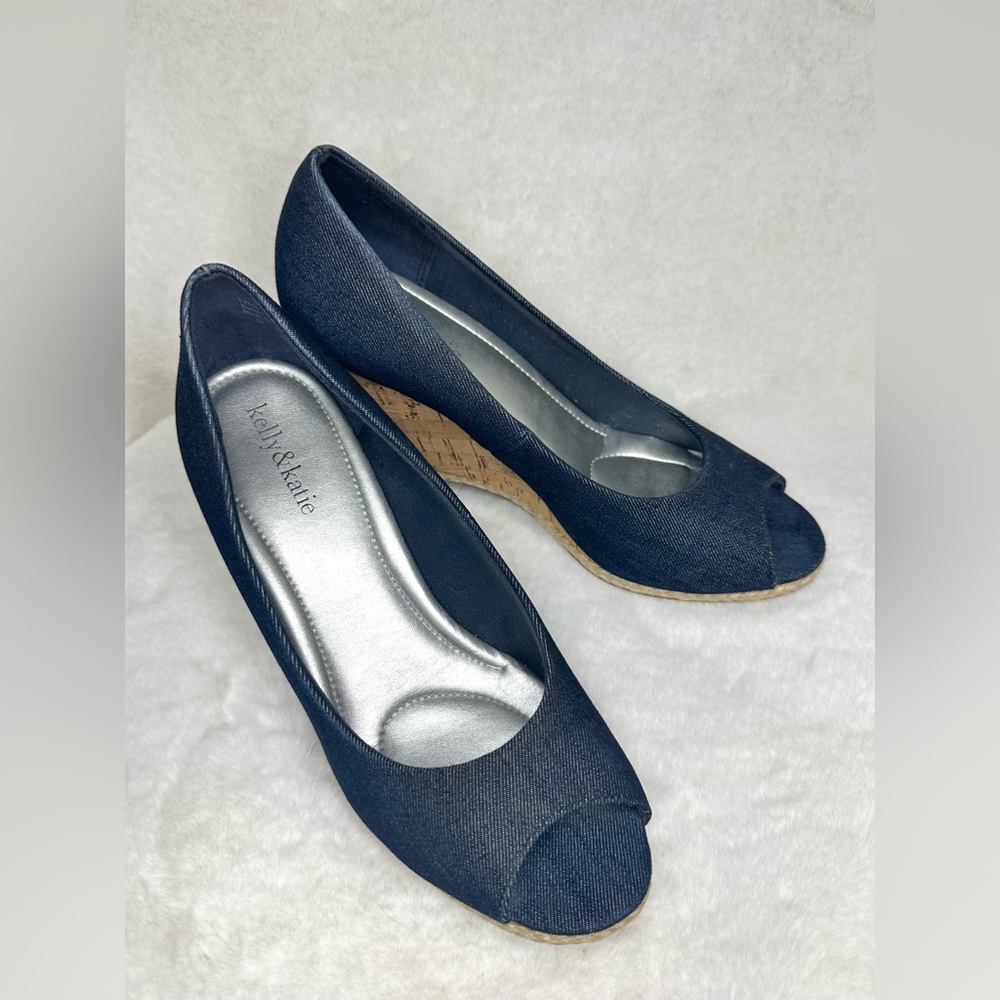 Kelly & Katie Denim “Alanis” Cork Wedge Espadrilles Size 10